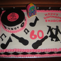 50's Theme Made for friend's 60th birthday. It was a 50's theme party. The cake is buttercreme, decorated in regular & chocolate (...