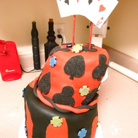 Topsy Turvy Poker Cake Bottom tier is a dark chocolate cake w/ choc. BC. Top tier is vanilla cake w/ vanilla BC. All cards and chips are made from fondant with...