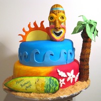 Luau fondant covered cakes, Head, surf board, palm tree out RKT covered in fondant and then painted.