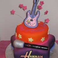 Hannah Montana fondant airbrushed. guitar and mic made out RKT, covered in fondant. Guitar hand piped using royal icing. logo, rolled out gumpaste, royal...