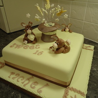 Sweet 16 10 inch chocolate cake, crumb coated with white ganache, then covered with rolled fondant. The cake was for a 16 year old girl who loves...