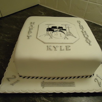 21St For A Boy Drummer 8 inch chocolate cake , with white choc ganache and rolled fondant - the request was for balck and white and a drum kit as the boy plays...