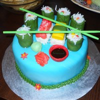 Sushi Cake This is a cake I made for a sushi lover. The rolls are made out of colored fondant blocks to simulate the stuff inside, rolled green...