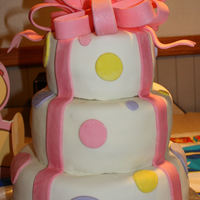 Two Tier Bridal Shower Cake 8 and 6 inch layers with fondant bow and dots.
