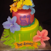 Luau Tropical birthday cake, so tried doing a grass skirt witth tropical colored gumpaste flowers.