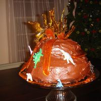 Volcano With Dinosaurs This was what my son wanted for his b-day I used a bundt cake pan and the smallest pyrex bowl and stacked them used choc frosting and I...