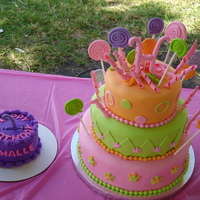 Lollipops Galore A 1st birthday cake for a friend. I broke the one once to I got to the venue, my tray of lollipops fell over on it, GRRRR