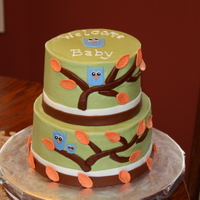 Owl Baby Shower These are 8" and 6" layers covered in moss green buttercream. I used fondant for the ribbon around the bottom, the trees, and the...