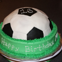 Soccer Sweet 16 This is a 10" round cake on bottom with a Wilton soccer ball cake placed on top. The bottom is iced in green buttercream. The soccer...
