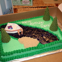 Floating Down The River Cake Large sheet cake with bc icing. Trees are sugar cones with royal icing (leaf tip). Water is piping gel and blue coloring. Figures are made...