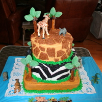 Safari Cake frosted in buttercream. No fondant here! Pretzels and gummy candies used for trees. Attached with sugar and Karo Syrup melting.