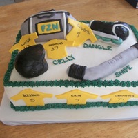 Hockey Themed Cake Cake made for my son's end of tear Roller Hockey party. Vanilla Cake w/ fudge filling. Hockey gear made from rice krispies covered in...
