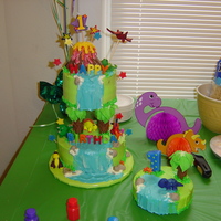 Dinosaur Birthday Cake this is my son's 1st birthday cake. I wish I had taken pictures before I put on all the candles, but I didn't. It was cream...