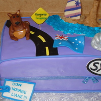 Bon Voyage To Australia Carrot cake covered in purple MMF to resemble her suitcase. Kangaroo made out of tootsie rolls, pouch is a rolled out caramel square. Koala...