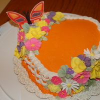 Spring Heart Spring flowers on heart shaped cake. Orange and white basketweave (tip 47 and 10) with royal icing flowers and a color flow butterfly. TFL...