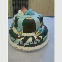 Camo Baby Cake This was a 6" and 8" camo themed baby shower cake. Everything except for the baby on top is edible. I made baby themed chocolates...
