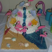 Flamingo Cake Buttercream icing with color flow flamingos, gum paste flowers and white chocolate seashells.