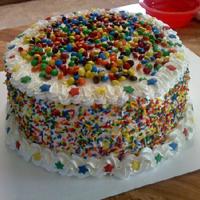 Birthday Sprinkles Fun little b-day cake...covered in sprinkles and M&Ms! Pastry pride frosting, vanilla cake with strawberry filling
