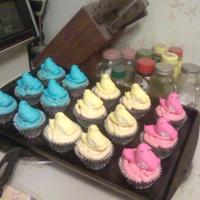 Peeps Easter Cupcakes These are milk chocolate cupcakes with a marshmallow frosting (I posted the recipe) dyed to match Peeps. Then put a peep on top.