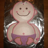 Baby Cake I made this for my friends baby shower. I used 2 round cake pans and I cut another round cake for the arms. The feet are cut from sugar...