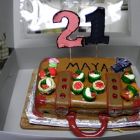 21 Suitcase Birthday Cake Its a 3 layer vanilla cake with coffee buttercream and dulche de leche filling.sushi is made of rice crispy, fruit roll ups ,piping gel and...