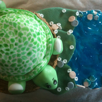 3D Turtle Cake Turtle on tree stump overlooking pond.