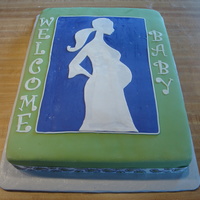 Pregnant Woman 1/2 sheet cake covered in MMF fondant with fondant decorations and satin ribbon on border.