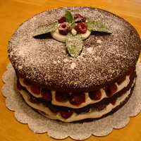 Chocolate Cake With Whipped Cream And Fresh Raspberries Layers of dark chocolate cake with lots of freshly made whipped cream and fresh raspberries. Topped with whipped cream, raspberries and...