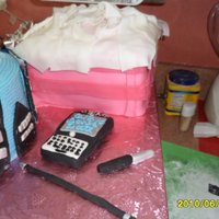 Sex And City Meets Victoria's Secret Gum paste shoe, buildings on a blue 10" round cake. 8" square cake box with bra & panties. Blackberry phone and make up.