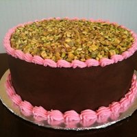 Spumoni Cake Pistachio cake, cherry/almond filling, chocolate frosting