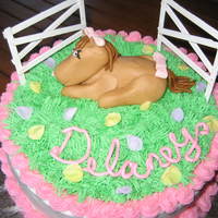 Pony In Field Fondant pony with buttercream frosting. The fondant pieces I had cut for the fences didn't work, so I had to use wooden pieces that I...