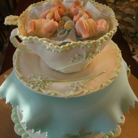 Twins In A Tea Cup This is a small cake for the top of a cupcake tower. The cake was inspired by the invitation. The cake is covered in fondant, the tea cup...
