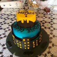 My Nephew's Bday Batman Cake MMF, my first airbrushed cake and stacked cake, chocolate and yellow cake with chocolate and straberry filling. thanks to the CC users for...