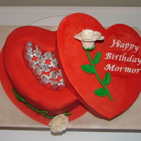 Heart Shaped Candybox Orange chocolate cake, chocolate frosting covered in MMF. Bottom of box is cake and the top lid is fondant. Everything else made out of MMF...