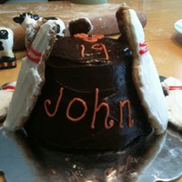 Bowling Cake Bowling ball made from classic glass batter bowl and trimmed to resemble a ball. Bowling pins are sugar cookies.I don't like how this...
