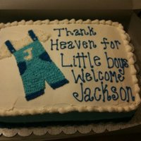 Overalls 11X15X2 2 layer sheet cake. Iced with decorators buttercream, freehanded overalls outline and filled in by piping stars. The customer...