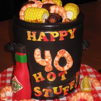 40Th Low Country Boil B-Day 5 eight inch layers. Fondant covered RKT for tators and sausage. The rest is just fondant. Shrimp and veggies are sitting in colored piping...