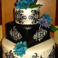Damask With Hydrangeas MMF with Royal icing damask stenciling. Gumpaste hydrangeas.