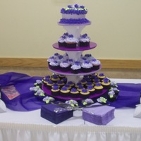 My First Wedding! Tierred Wedding Cupcakes, with a 6 in mini cake on top. Color Scheme is: Lavendar, Deep purple and Pear Green.