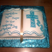 Blue, And White Bible Cake Its a sponge cake covered with fondant and decorated with royal icing the footprints are fondant.