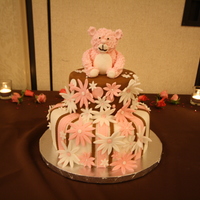 Pink & Brown Baby Shower Cake Wrapped in fondant, Gumpast and fondant daisies & gumpaste "fuzzy" teddy bear.