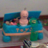 Baby In The Toy Chest I made this for my friends baby shower. I put 2 styrofoam balls together and covred them with colored fondant to make the baby. Picture is...