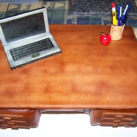 Teacher Appreciation Cake The desk is fondant covered cake, the lap top, pens, pencils, cup holder and apple are gumpaste.