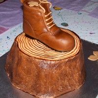 Logger/woodsman Birthday Cake Logger/Woodsman Birthday Cake. The stump is all cake, BC inside and out,. MMF wood grain on top. Boot is RKT covered with melting chocolate...