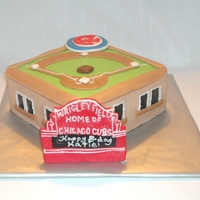 Baseball Diamond Wrigley Field-Ish Cubs Birthday Cake 8" square cake for a Chicago Cubs fan with a baseball diamond and Cubs logo on top, brick walls (with ticket windows) around the sides...