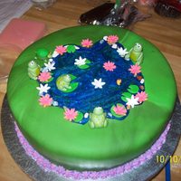 Frog Pond This was for a girls 12th birthday, she wanted frogs around a pond, with lily pads. Fondant covered cake, with fondant frogs, turtle, lily...