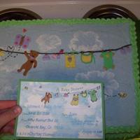 Baby Shower I was asked to make a cake that looked like the invitation. The decorations on the clothesline are all fondant, everything else is BC
