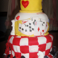 Wonderland Cake Checkered Red Velvet & White base, yellow cake and strawberry as the middle tier, crowned with strawberry. My first experiment with...