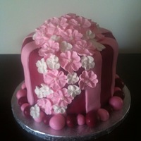 Pink Floral Cake Fondant covered cake with royal icing flowers.