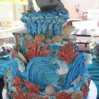 Shark! For my Middle School Grad. Fondant, GP and WC shapes, BC and RI frosting and waves. All tiers, all things edible